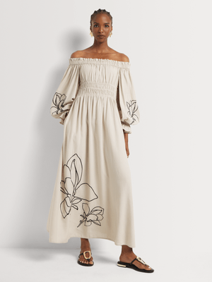 Luella Off Shoulder Embroidered Linen Blend Dress