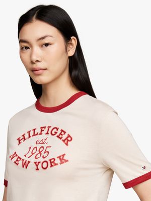 Women's Tommy Hilfiger Beige Varsity Ringer C-Nk T-Shirt