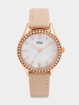 MX Rose Plated Mother Of Pearl Dial Tan Faux Leather Watch