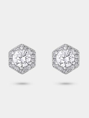 Sterling Silver Cubic Zirconia Hexagonal Halo Stud Earrings