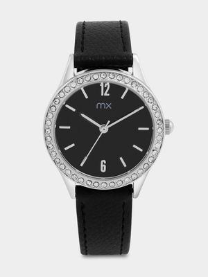 MX Silver Plated Black Dial Black Faux Leather Watch