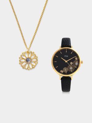 MX Gold Plated Black Faux Leather Watch & Flower Pendant Set