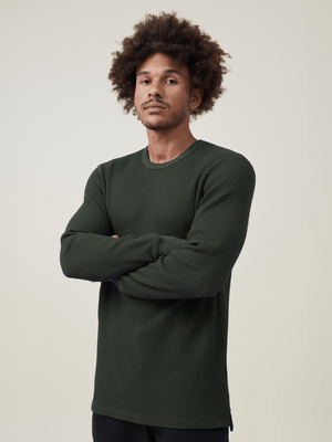 Men's Cotton On Green Chunky Waffle Long Sleeve T-shirt