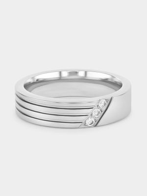 Stainless Steel Cubic Zirconia Diagonal Grooves Ring