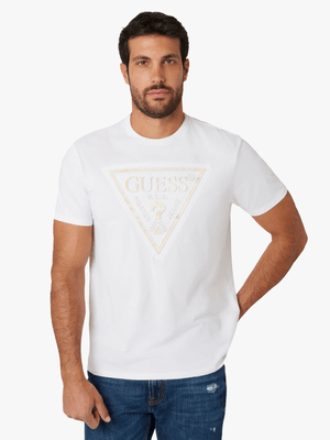 Men's Guess White  Bsc Patchwork Embo Logo T-Shirt