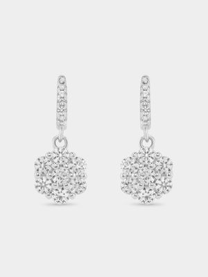 Sterling Silver White Sapphire Flower Drop Earrings