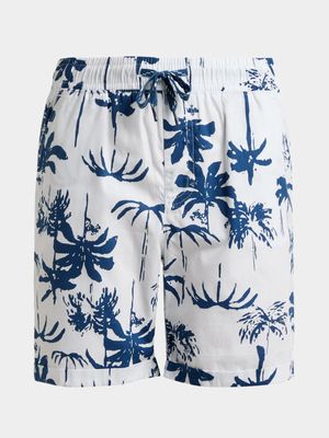 Younger Boy's White & Blue Palm Print Shorts