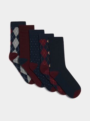 Men's Markham 5 Pack Stripe Burgundy Socks