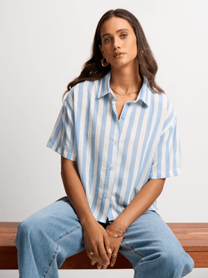 Women's Blue & White Striped Boxy Shirt