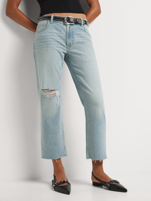 News Denim Knee Rip Cropped Straight Leg Jeans