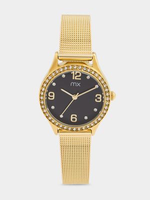 MX Gold Plated Black Dial Mesh Watch