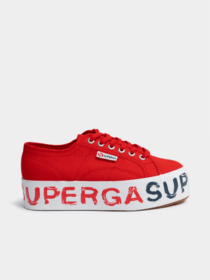 Womens Superga 2790 Lettering Canvas Platform Red/White Sneakers