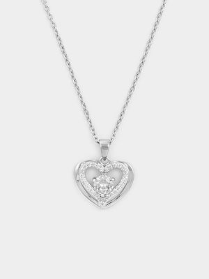 Sterling Silver Cubic Zirconia Solitaire Double Heart Pendant