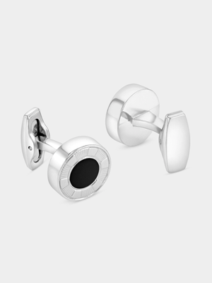 Silver Plated Round Black Enamel Halo Cufflinks