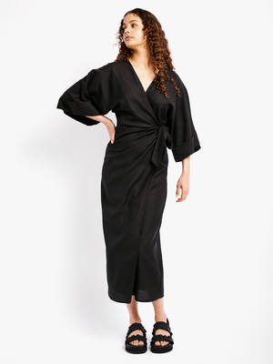 Women's Me&B Black Linen Kimono Wrap Dress