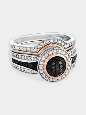 Rose Gold & Sterling Silver Black Diamond Round Twinset Ring