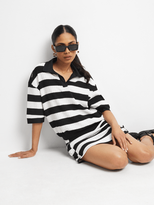 Women's  Black & White Stripe Co-Ord Cut & Sew Oversized Collar Top