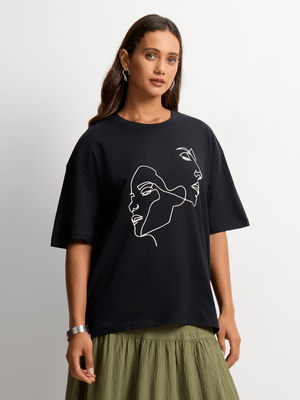 Jet Women's Black Abstract Faces T-Shirt