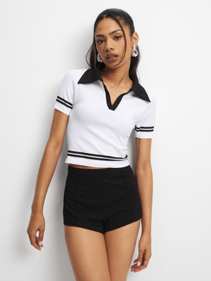 Women's Black & White Johnny Collar Top