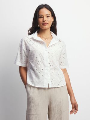 Women's White Anglaise Boxy Shirt