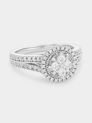 Sterling Silver Cubic Zirconia Multi-Stone Round Halo Ring