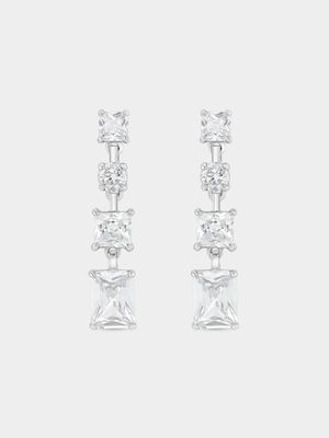 Sterling Silver Cubic Zirconia Square & Emerald Drop Earrings