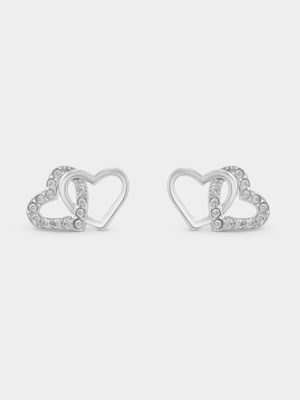 Sterling Silver Cubic Zirconia Double Open Heart Stud Earrings