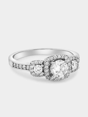 Sterling Silver Cubic Zirconia Cushion Halo Trilogy Ring