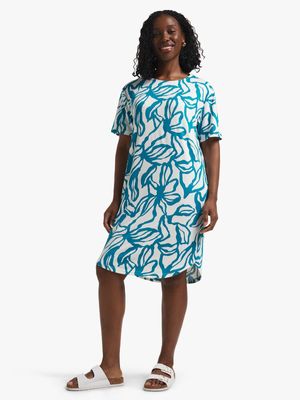 Women's Blue & White Print T-Shirt Dress