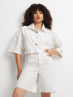 Women's White Oversized Cropped Denim Shirt