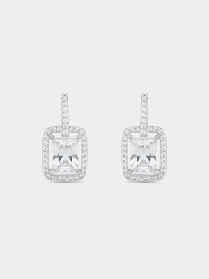 Sterling Silver Cubic Zirconia Emerald-Cut Halo Drop Earrings