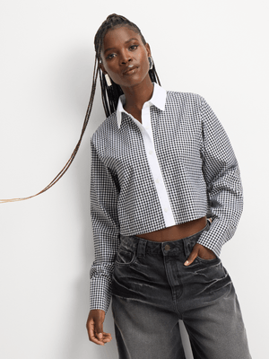 Women's Black & White Co-Ord Gingham Cropped Shirt