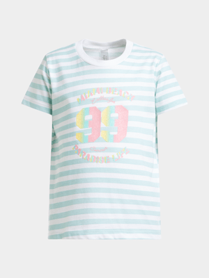 Younger Girl's Blue Striped Graphic Print T-Shirt