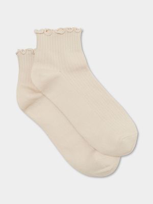 Women's Cotton On Cream Frill Ribbed Ankle Socks