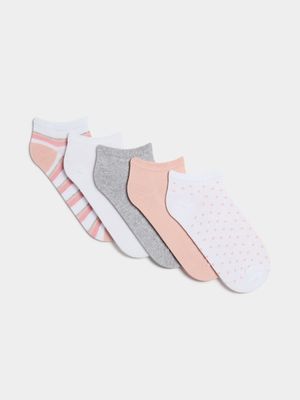 Women's Grey, White & Pink 5-Pack Trainer Socks