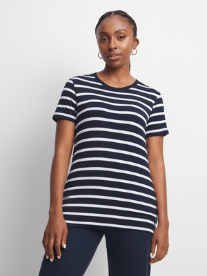 Women's APX Essential   Poly  Span Navy Stripe Tee