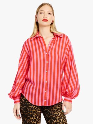 Women's Me&B Red Stripe Sheer Bellow Sleeve Shirt