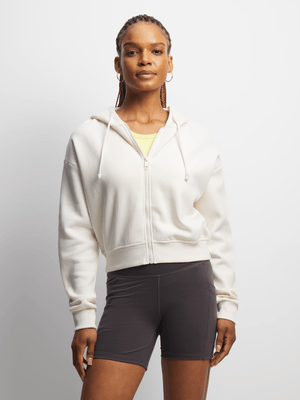 Womens TS Cropped Zip Through Milk Hoodie