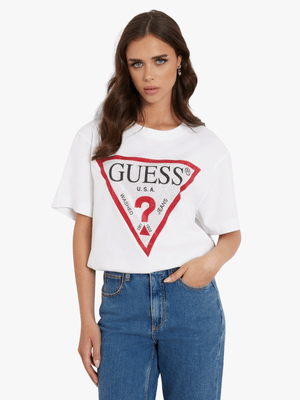 Women's Guess White Shiny Triangle T-Shirt