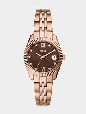 Fossil Scarlette Brown Dial Rose Plated Stainless Steel Bracelet Watch