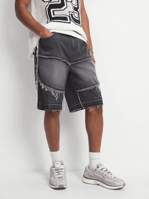 Men's Black Frayed Panelled Bermuda Denim Shorts