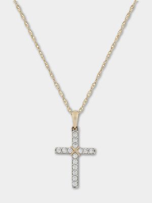 Yellow Gold & Sterling Silver, , Cubic Zirconia Cross on a chain.