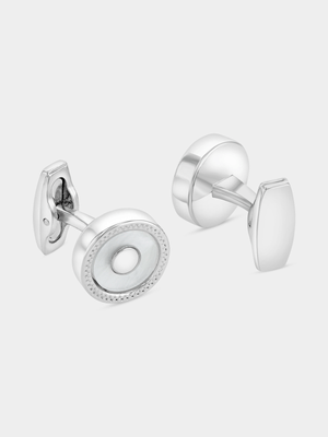 Silver Plated Round White Enamel Halo Cufflinks