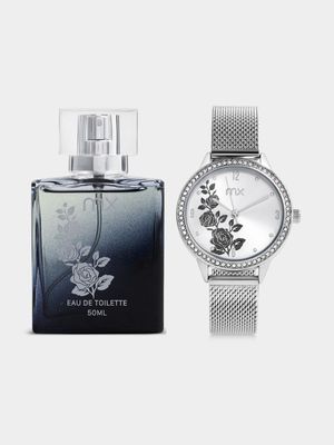 MX Silver Plated Mesh Watch & MX For Her Fragrance Set