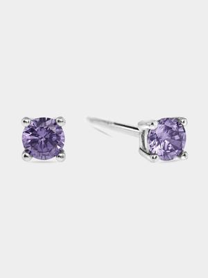 Sterling Silver Lilac Cubic Zirconia Kid's Round Stud Earrings