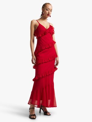 Women's Red Ruffle Maxi Dress