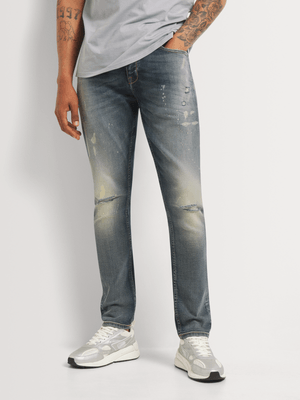 Men's Relay Jeans Skinny Rip and Repair Mid Wash Blue Denim