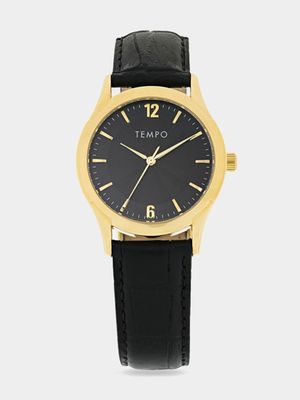 Tempo Men's Gold Toned Black Leather Watch