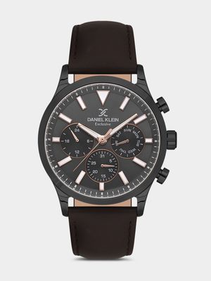 Daniel Klein Black Plated Brown Leather Chronographic Watch