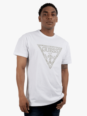 Men's Guess White Triangle Embro T-Shirt